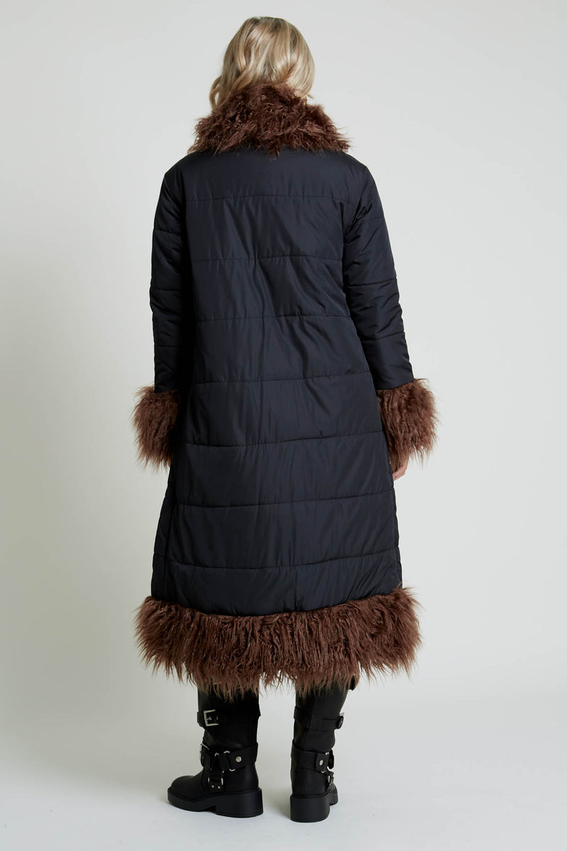 BLAKELEY LONGLINE COCOON PUFFER WITH FAUX FUR TRIM