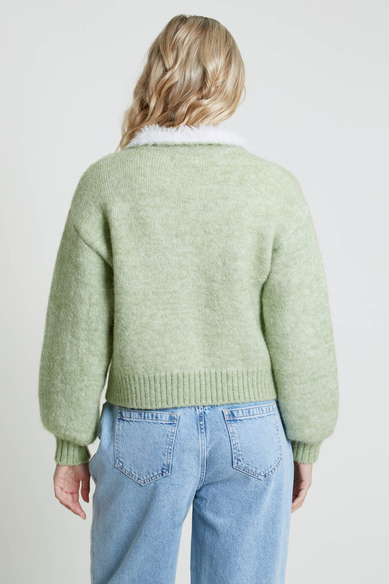 FURTI KNITTED CARDIGAN WITH CONTRAST FLUFFY COLLAR