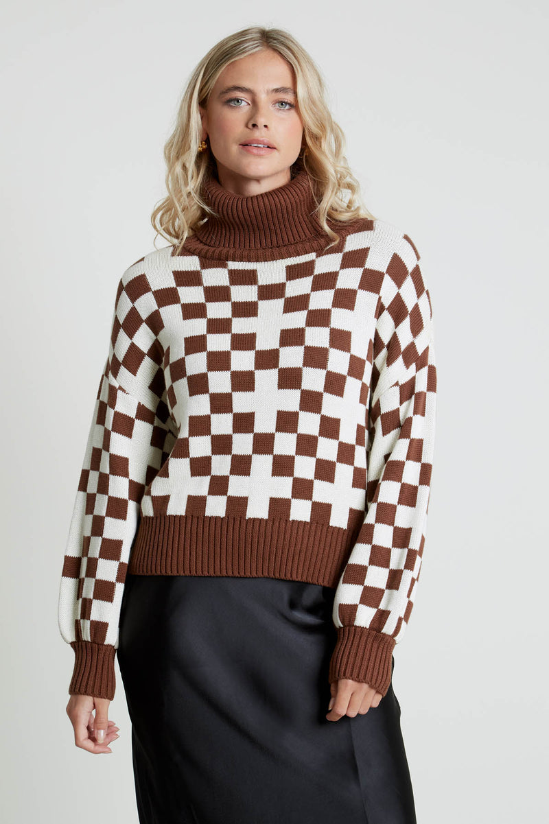ROCIO OVERSIZED KNITTED ROLL NECK JUMPER IN CHECKERBOARD